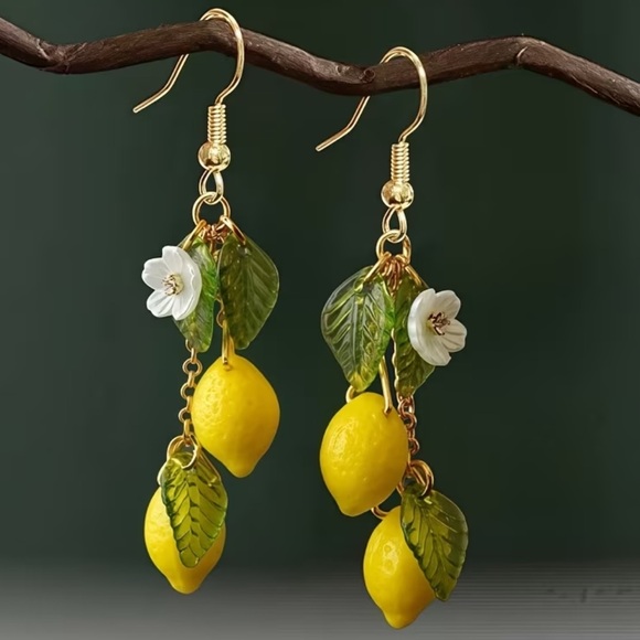Jewelry - Gold-Tone Yellow Lemon Drop Earrings with Green Leaf Charms